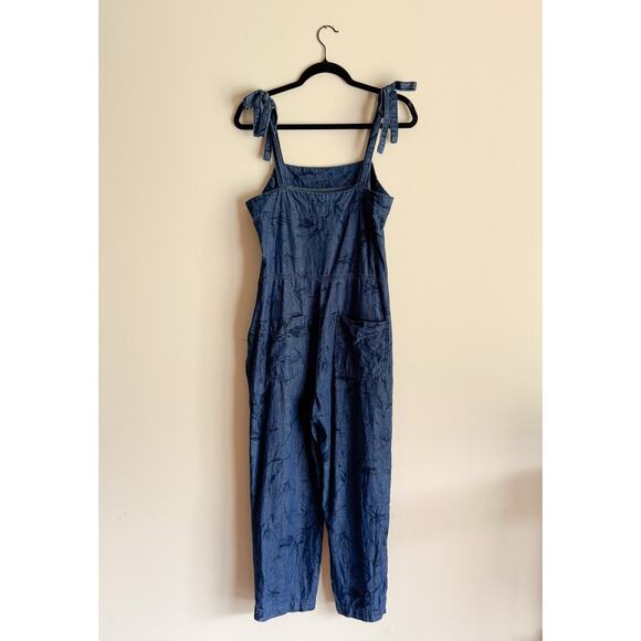 Unpublished Blue Denim Floral Print Square Neck Shoulder Tie Overalls Medium - Picture 7 of 8